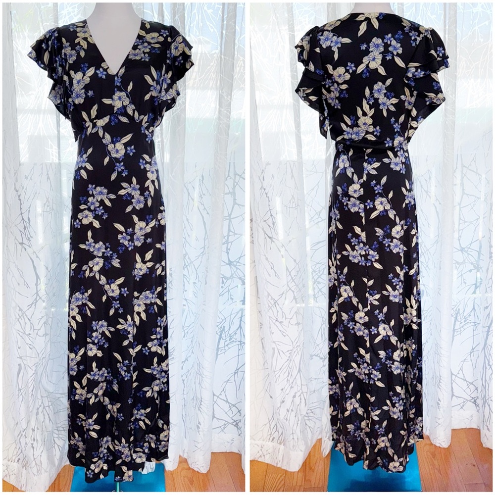 Veronica beard Padma black blue white floral print silk ruffle v-neck maxi dress